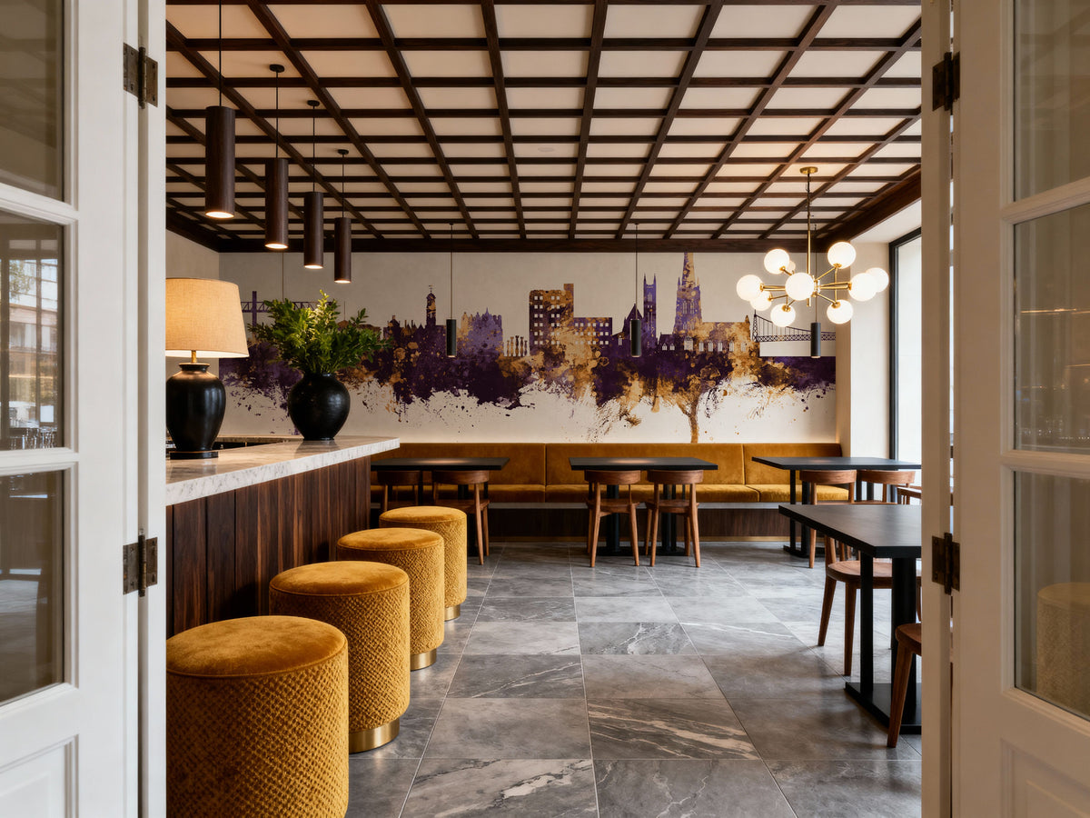 Warrington England Skyline Purple & Gold Mural Wallpaper - room preview 04