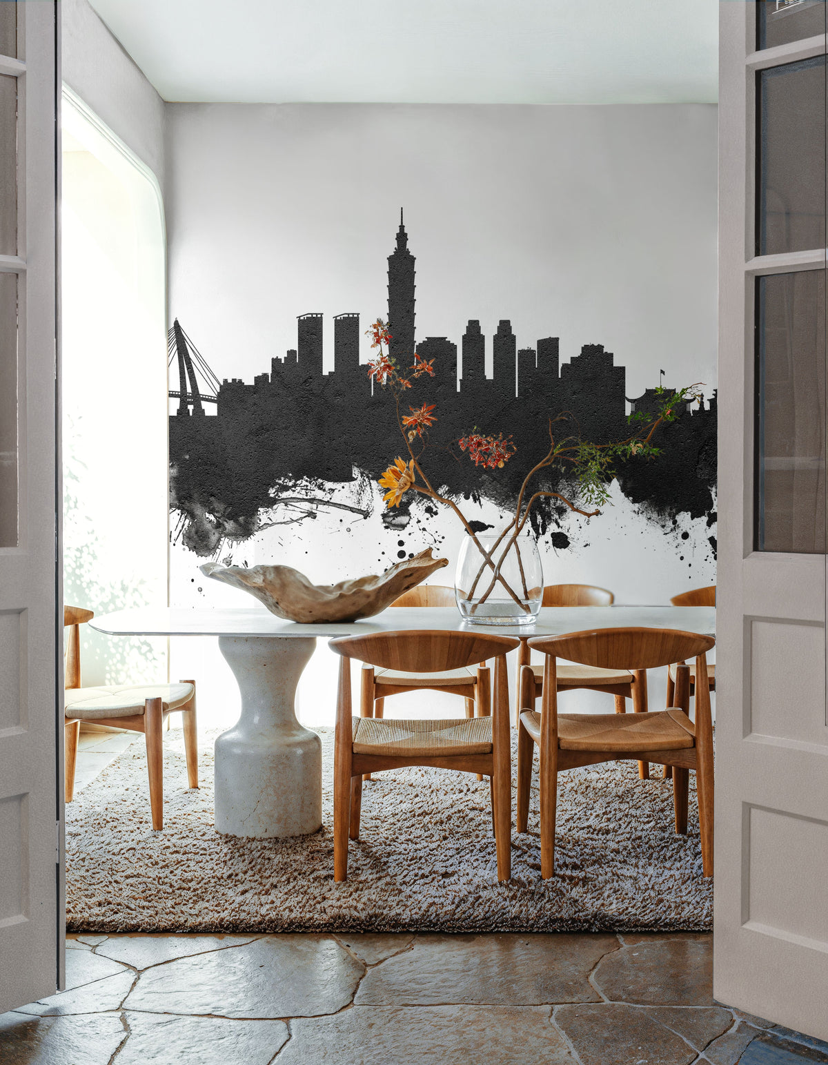 Taipei Taiwan Skyline Black & White Mural Wallpaper - room preview 04