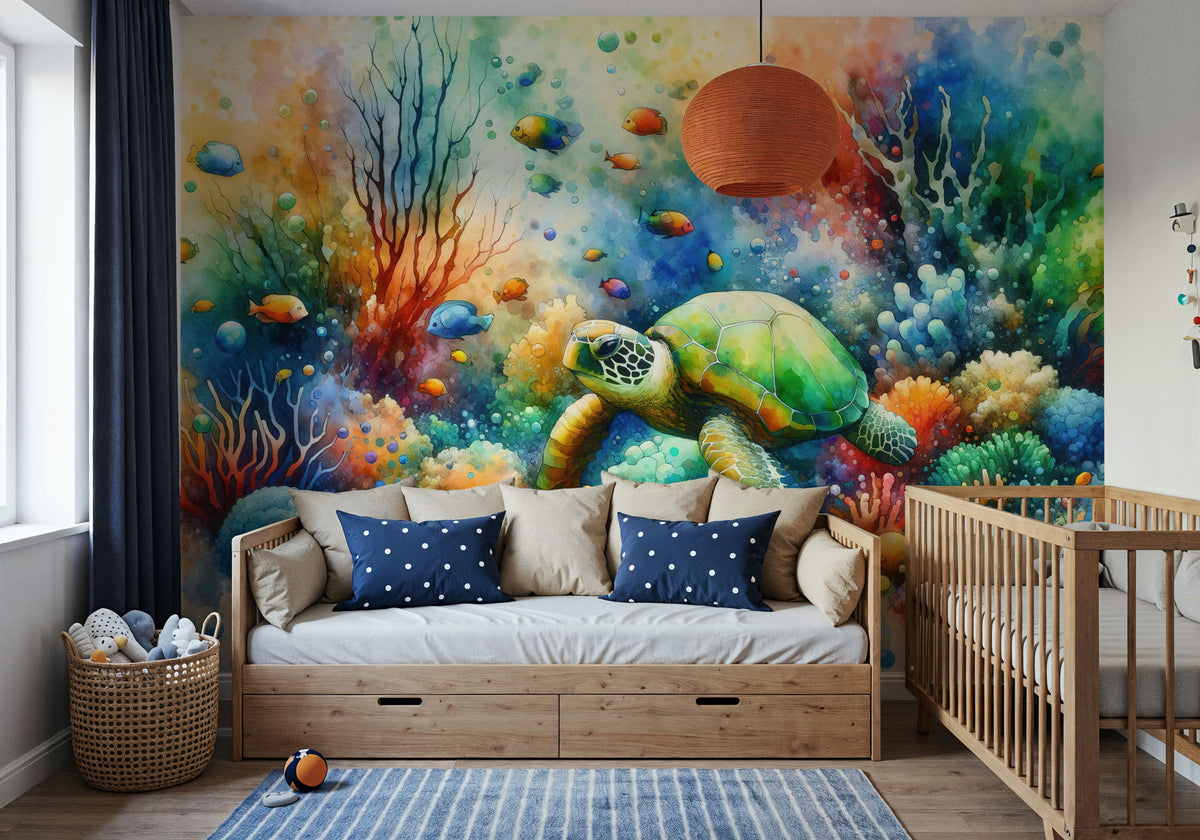Undersea Encounter Turtle Meets Fish Mural Wallpaper - room preview 04