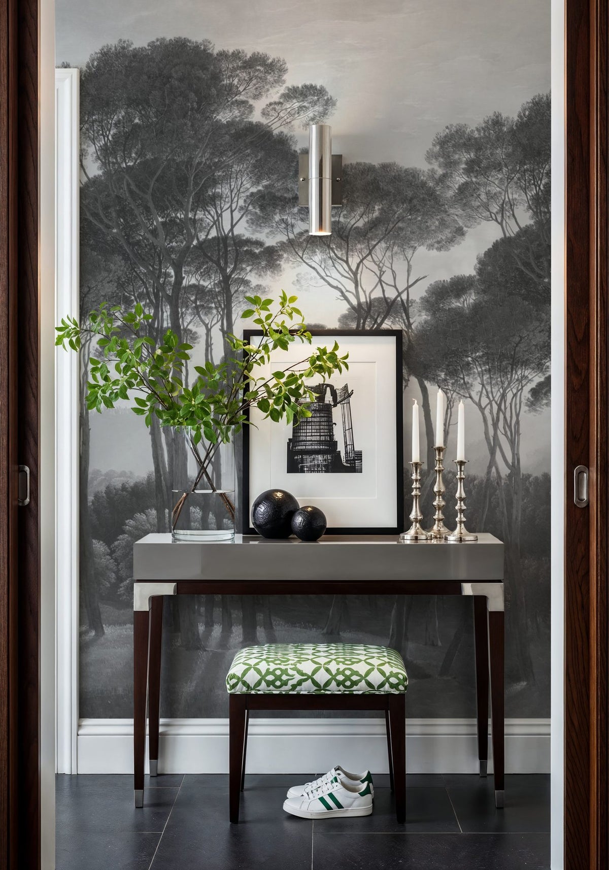 Mediterranean Pine Landscape, Gray Mural Wallpaper - room preview 04