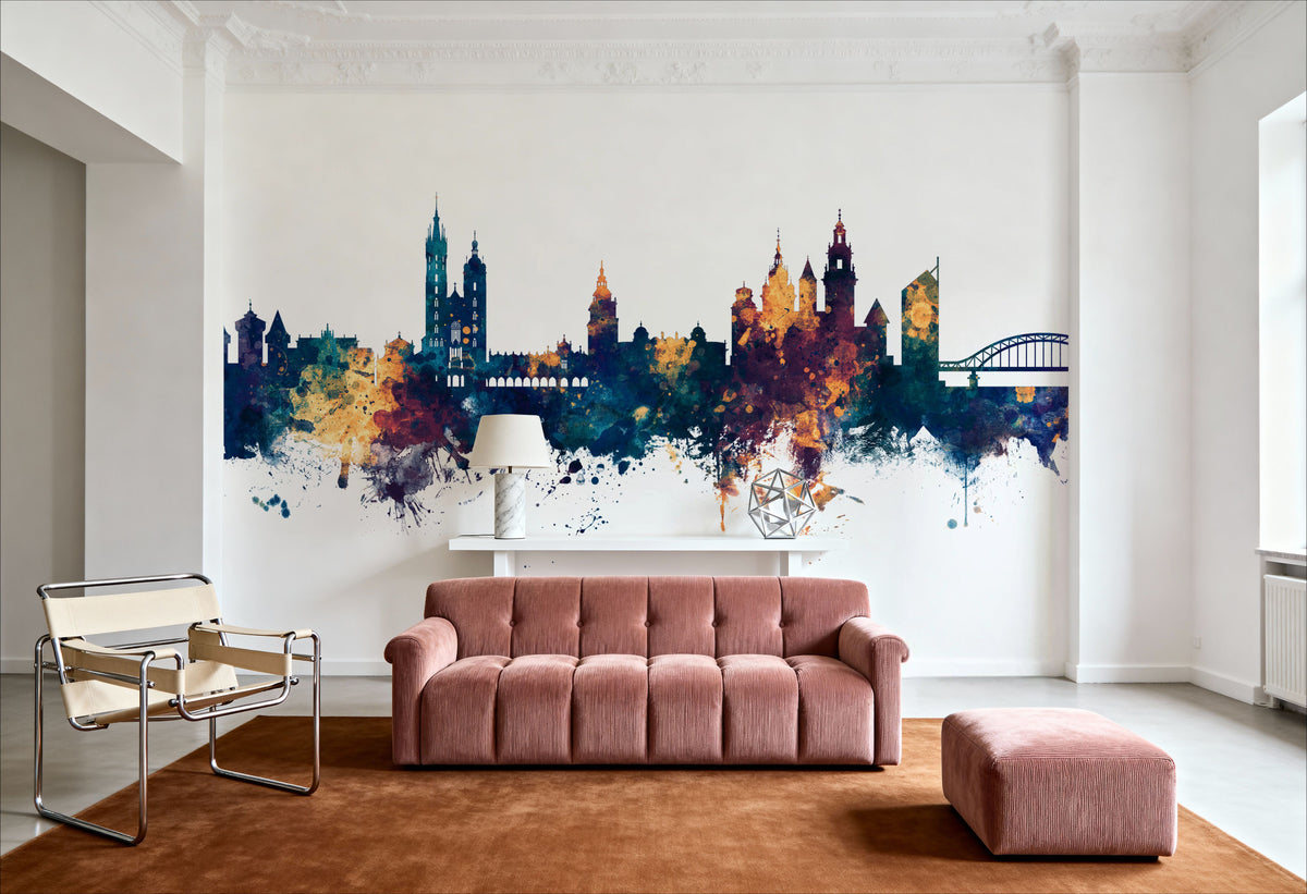 Krakow Skyline Blue & Bronze Mural Wallpaper - room preview 04