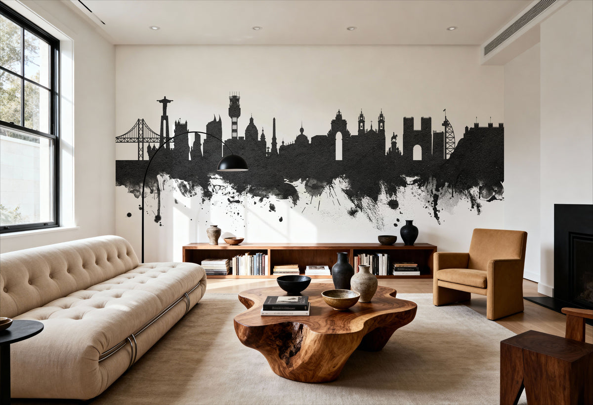 Lisbon Portugal Skyline Black & White Mural Wallpaper - room preview 04