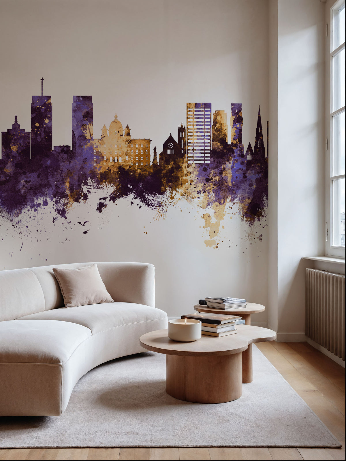 Syracuse New York Skyline Purple & Gold Mural Wallpaper - room preview 04