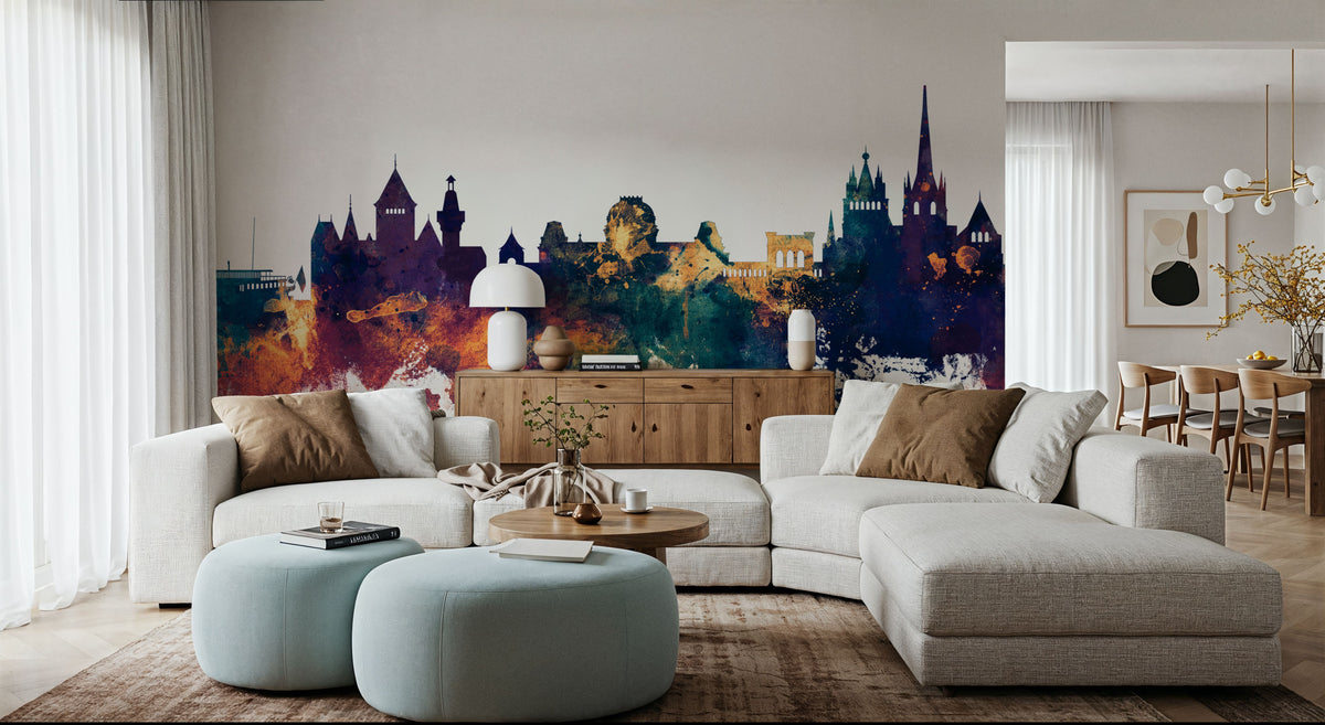 Lausanne Switzerland Skyline Blue & Bronze Mural Wallpaper - room preview 04
