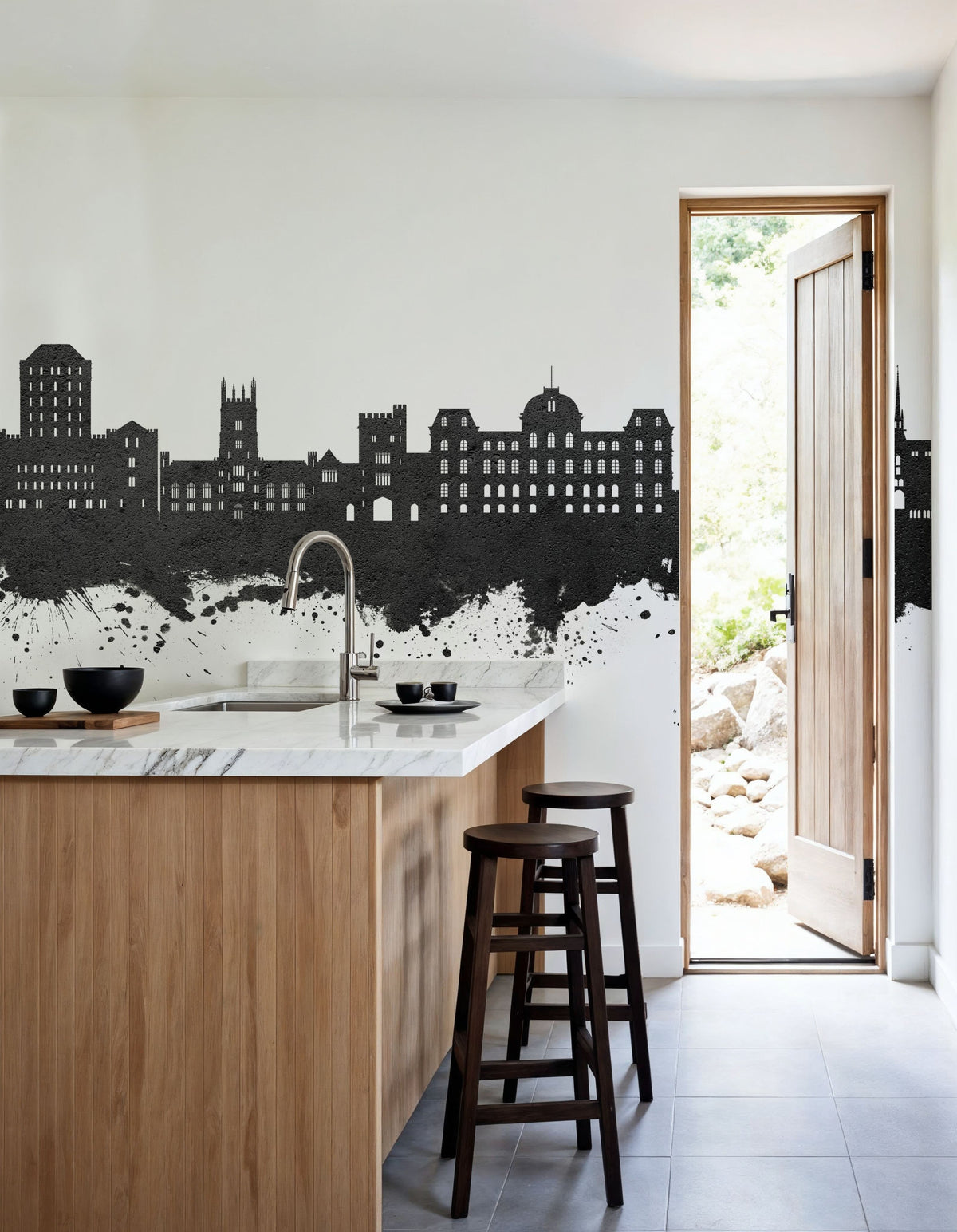 Poughkeepsie New York Skyline Black & White Mural Wallpaper - room preview 04