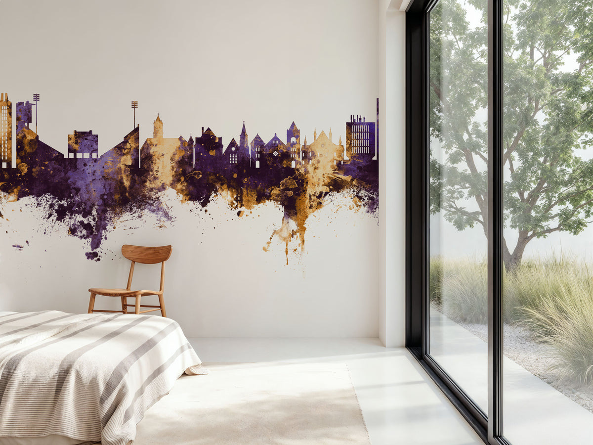 Lawrence Kansas Skyline Purple & Gold Mural Wallpaper - room preview 04
