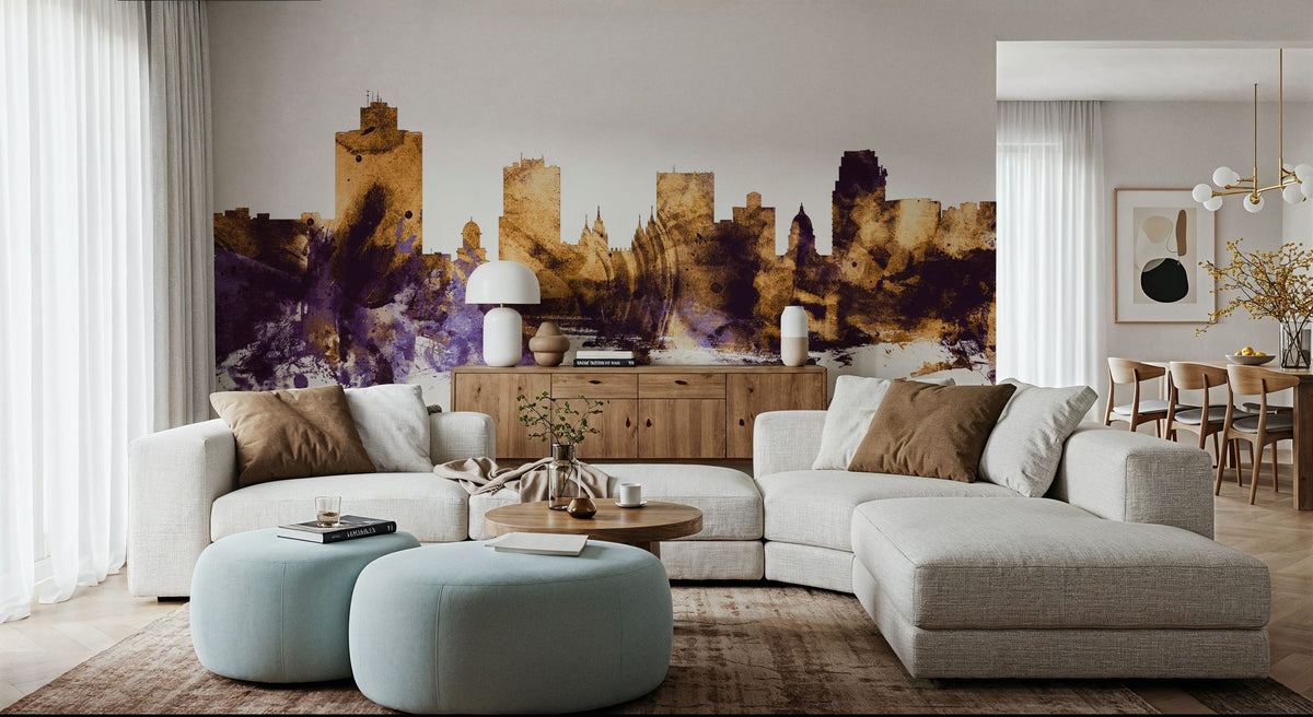 Salt Lake City Utah Skyline Purple & Gold Mural Wallpaper - room preview 04