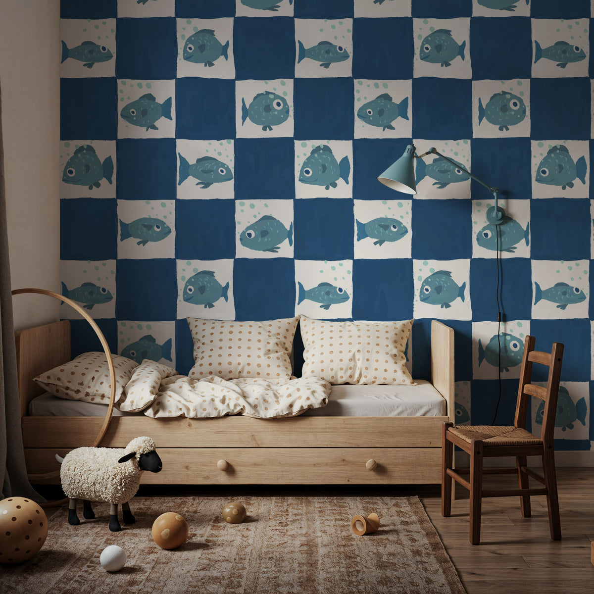 Fish Checkers, Blue Mural Wallpaper - room preview 04
