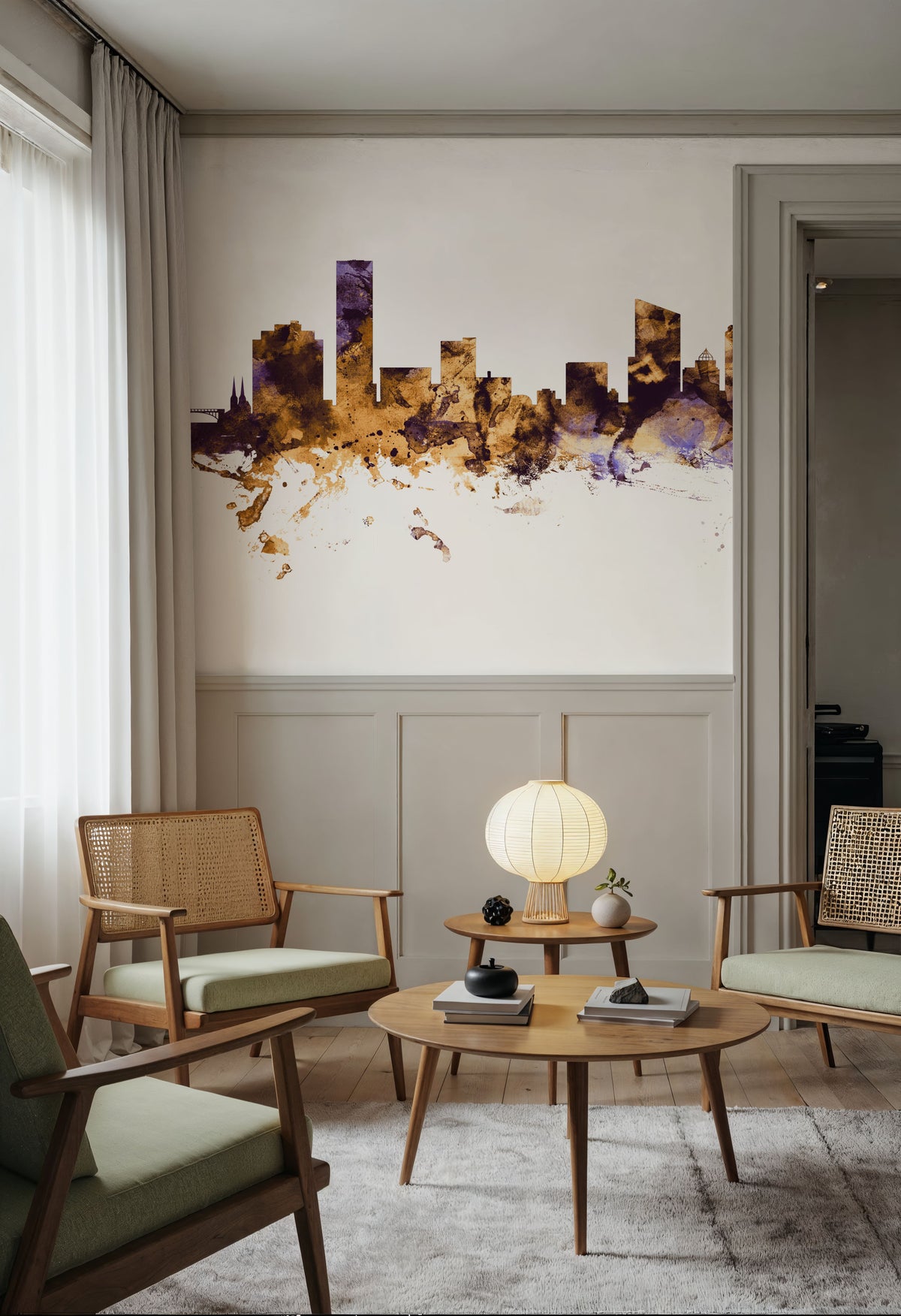 Grand Rapids Michigan Skyline Purple & Gold Mural Wallpaper - room preview 04