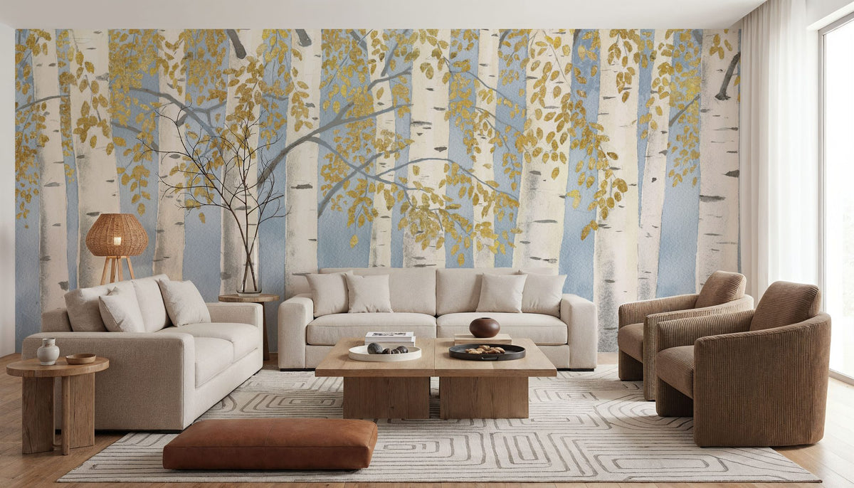 Fresh Forest Light Blue Gold Mural Wallpaper - room preview 04