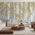 Fresh Forest Light Blue Gold Mural Wallpaper - room preview 04