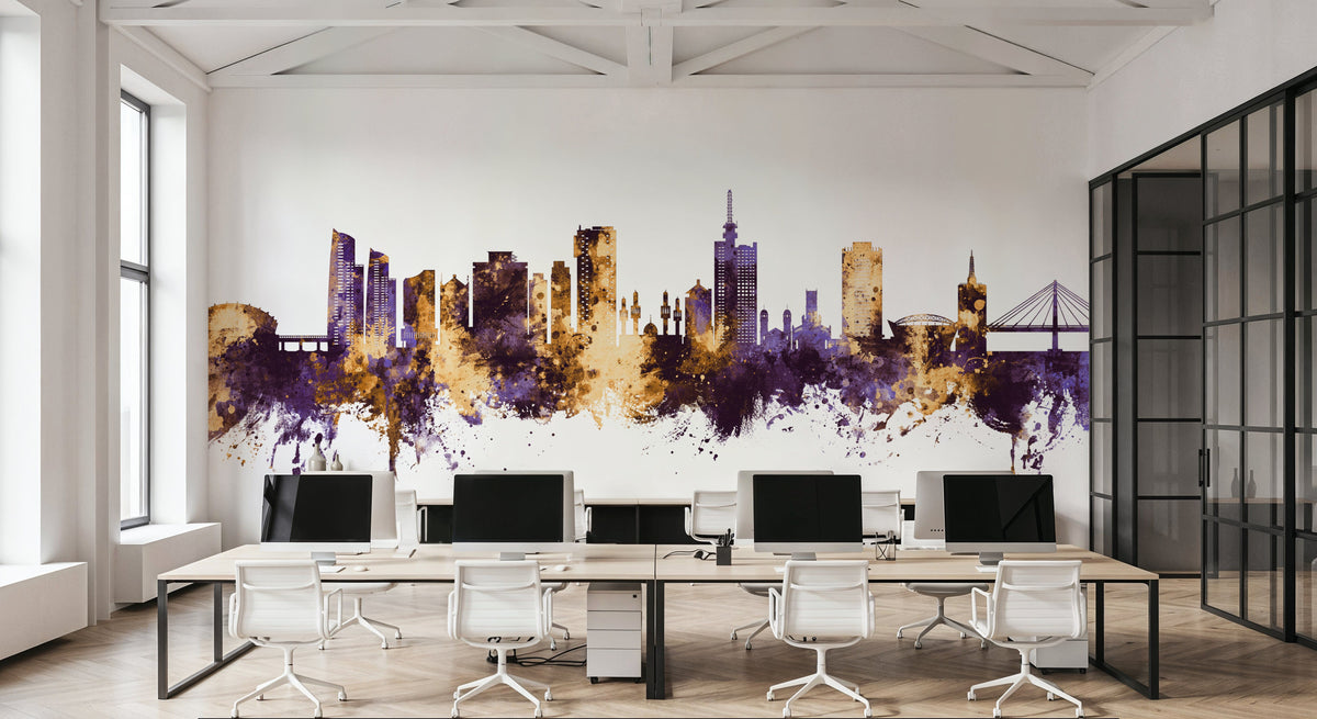 Lagos Nigeria Skyline Purple & Gold Mural Wallpaper - room preview 04