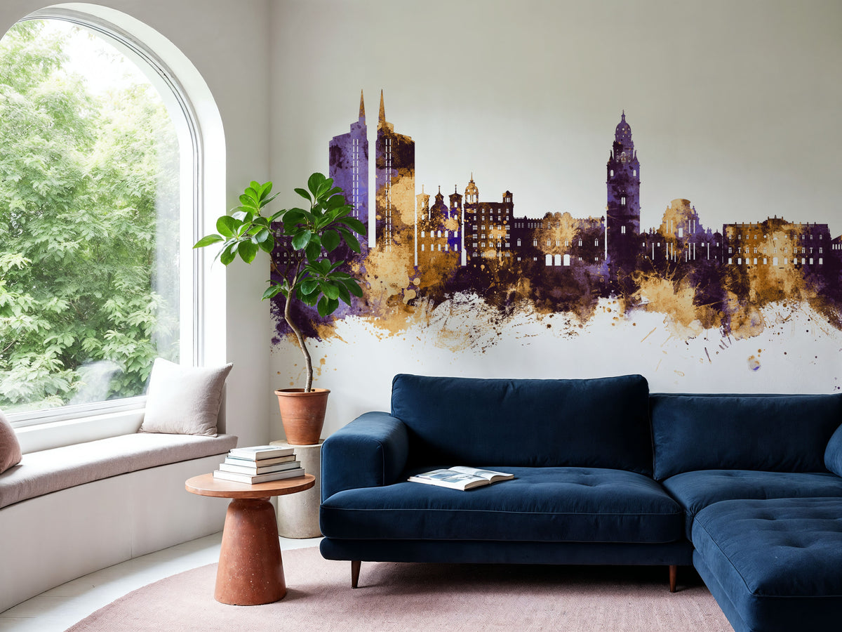 Murcia Spain Skyline Purple & Gold Mural Wallpaper - room preview 04