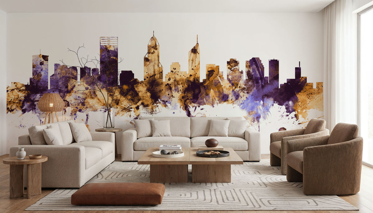 Perth Australia Skyline Purple & Gold Mural Wallpaper - room preview 04