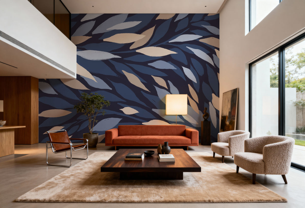 Leafy Lines Dark Plain Mural Wallpaper - room preview 04