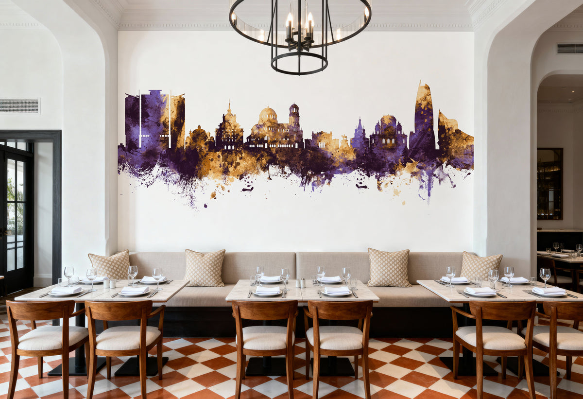 Sofia Bulgaria Skyline Purple & Gold Mural Wallpaper - room preview 04