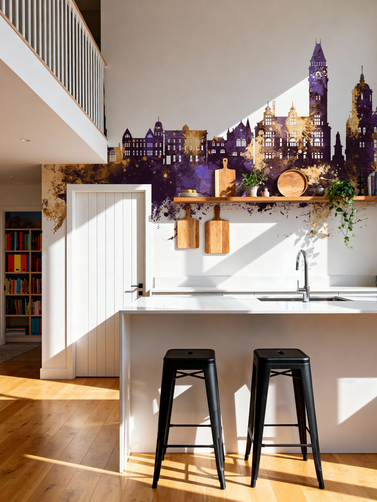 Wakefield England Skyline Purple & Gold Mural Wallpaper - room preview 04