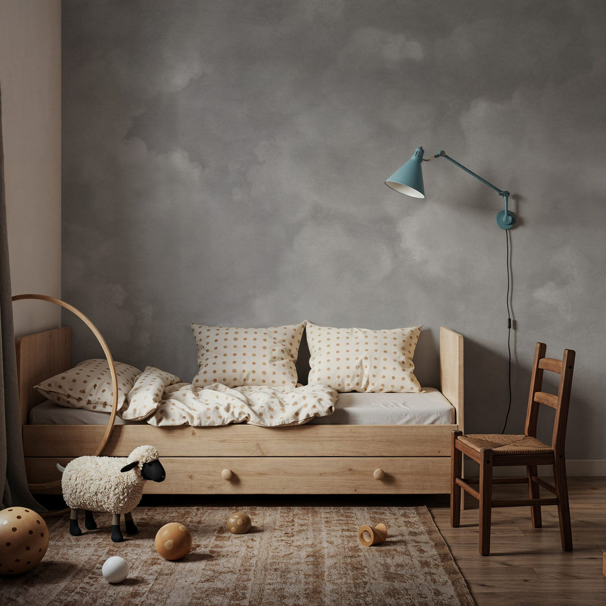 Painted Dreamy Clouds, Gray Mural Wallpaper - room preview 04