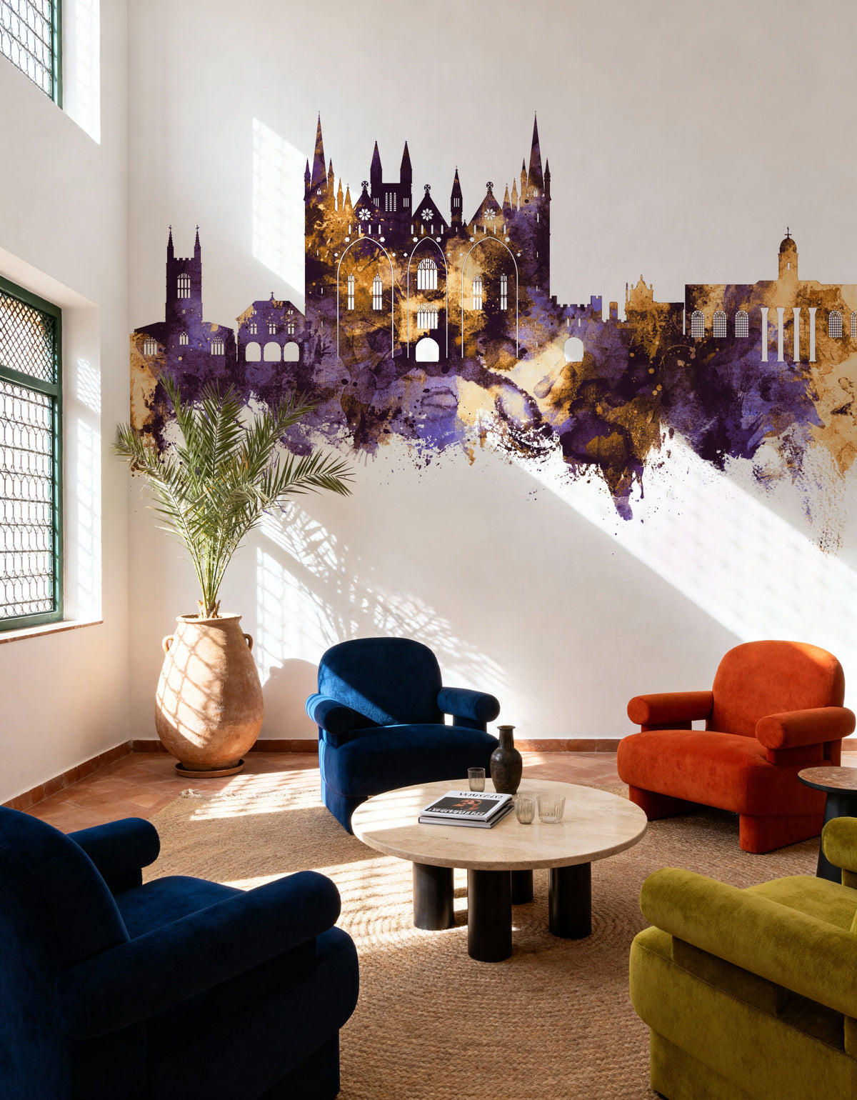 Peterborough England Skyline Purple & Gold Mural Wallpaper - room preview 04