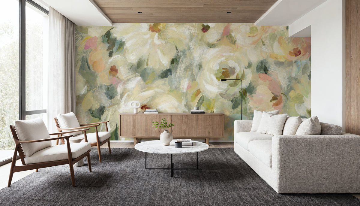 Expressive Pale Floral Mural Wallpaper - room preview 04
