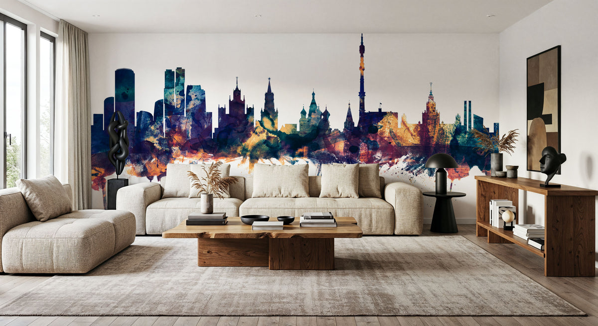 Moscow Russia Skyline Blue & Bronze Mural Wallpaper - room preview 04