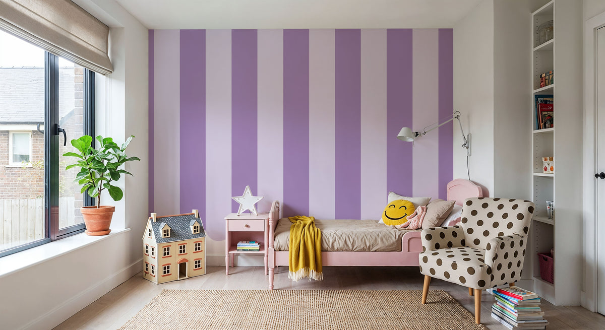 Scalloped Circus Stripes, Purple on Purple Mural Wallpaper - room preview 04