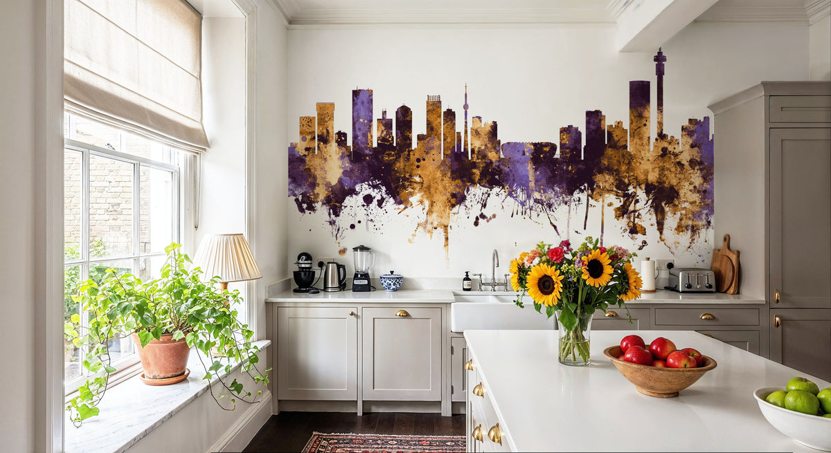 Johannesburg South Africa Skyline Purple & Gold Mural Wallpaper - room preview 04
