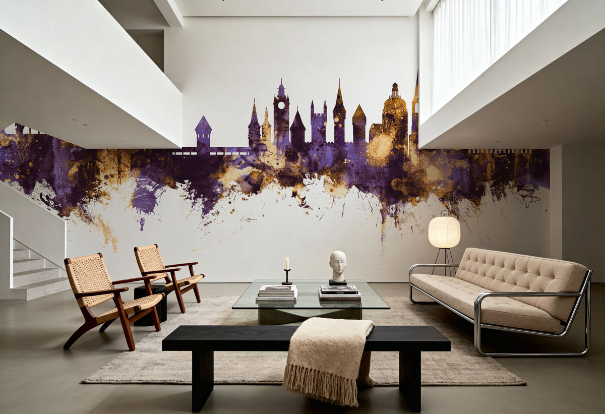 Lucerne Switzerland Luzern Skyline Purple & Gold Mural Wallpaper - room preview 04