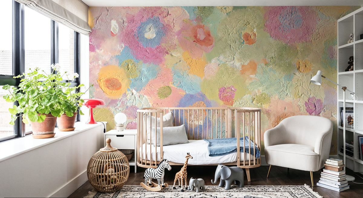Happy Oil Painted Flowers, Warm Pink Mural Wallpaper - room preview 04
