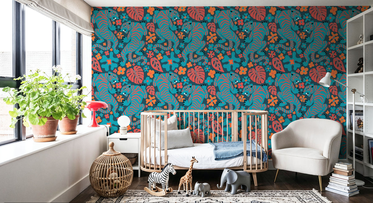 Otomi Cool Tigers, Coral & Teal Mural Wallpaper - room preview 04