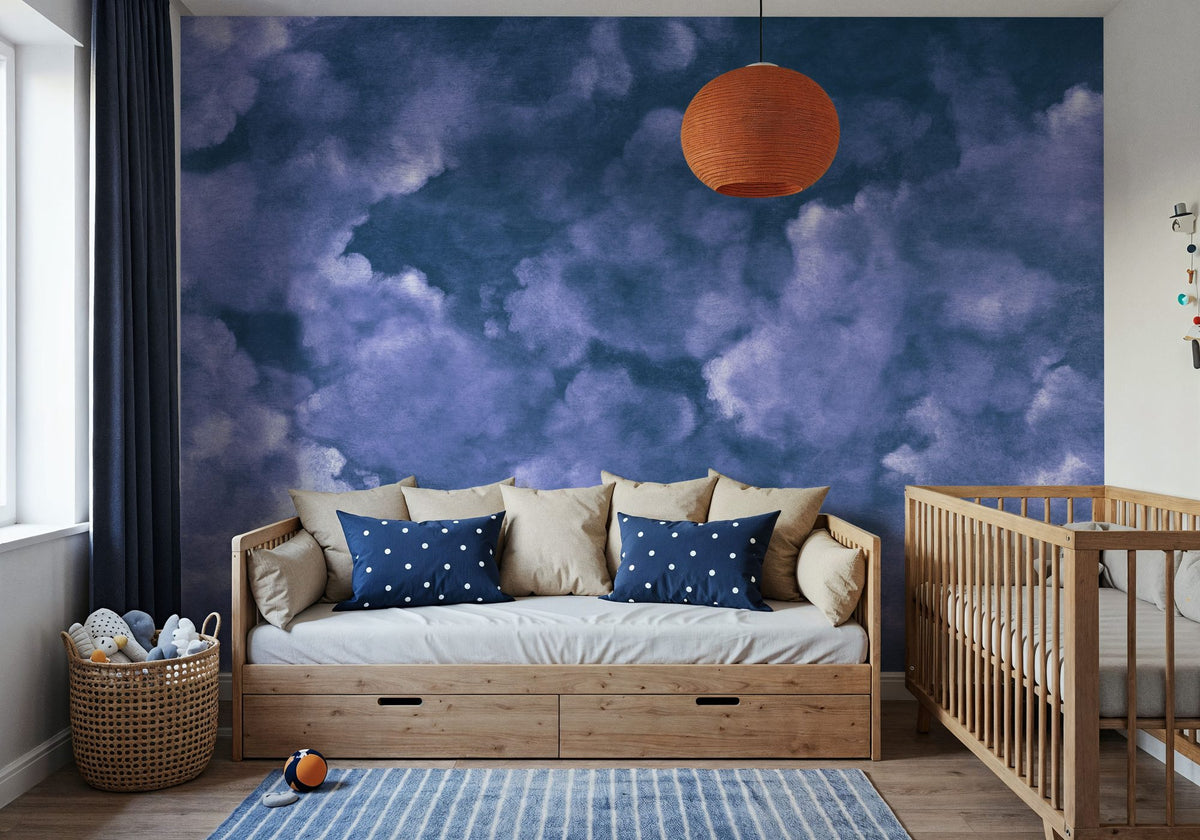 Painted Dreamy Clouds, Purple Mural Wallpaper - room preview 04