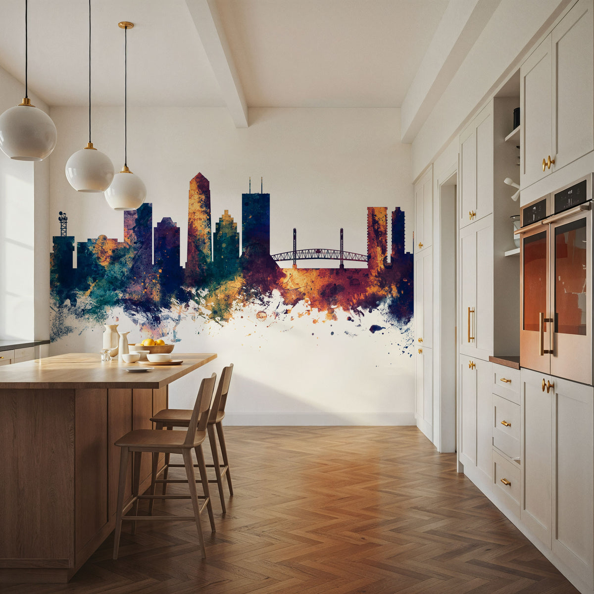 Jacksonville Florida Skyline Blue & Bronze Mural Wallpaper - room preview 04