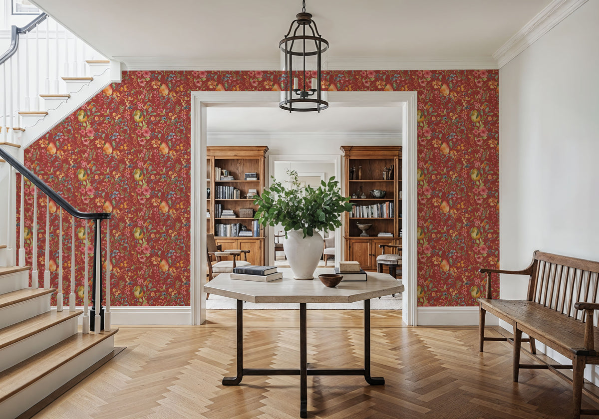 Time to Share Flowers and Pears Red Mural Wallpaper - room preview 04