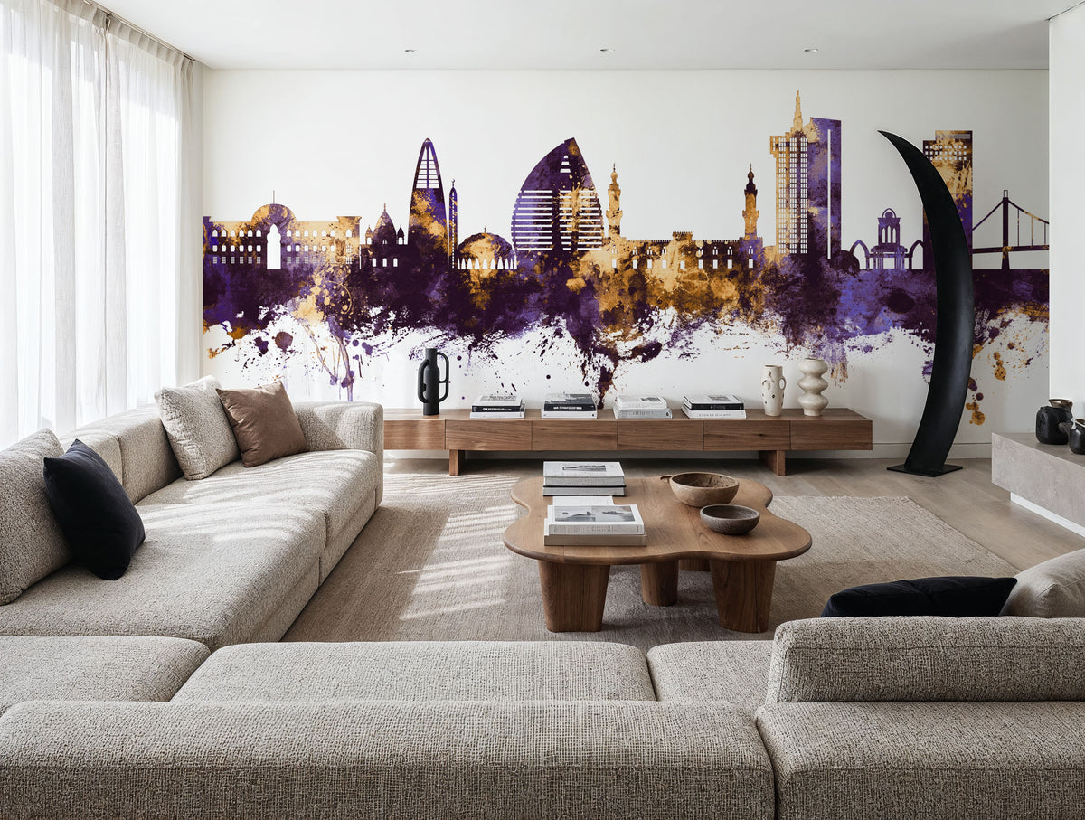 Khartoum Sudan Skyline Purple & Gold Mural Wallpaper - room preview 04