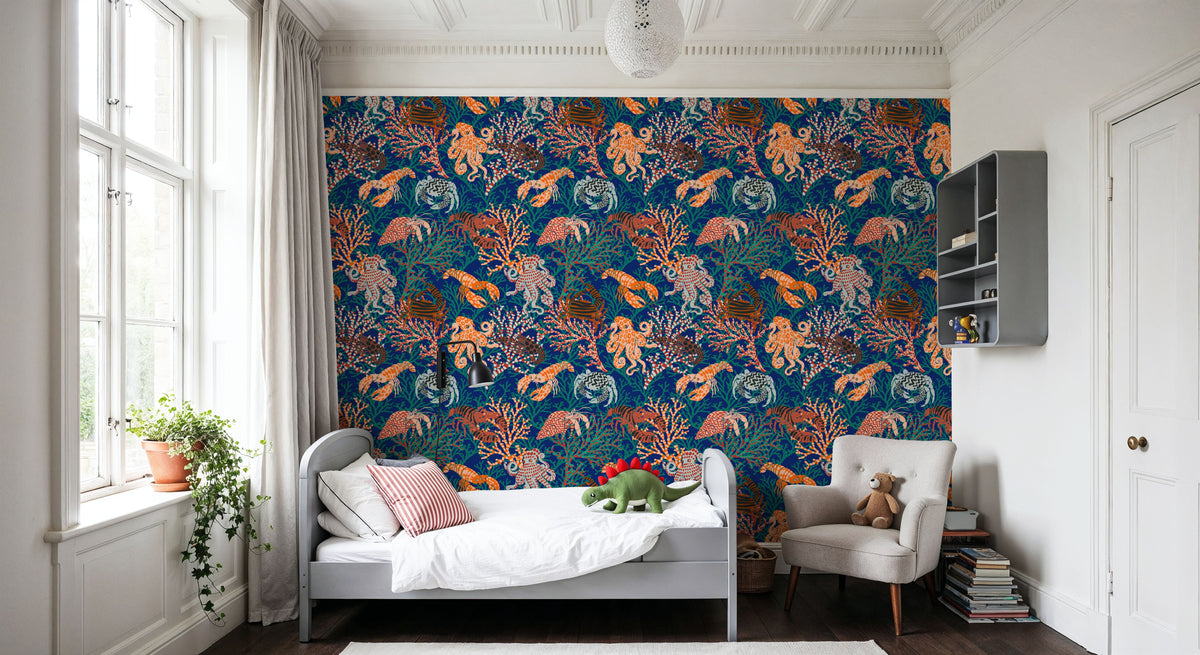 Vibrant Coral Reef, Blue and Orange Mural Wallpaper - room preview 04