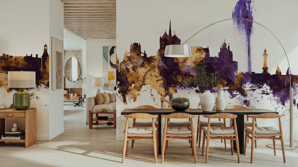 Geneva Switzerland Skyline Purple & Gold Mural Wallpaper - room preview 04