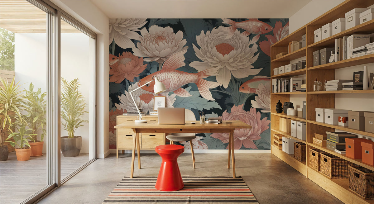 Dancing Fish, Peach on Teal Mural Wallpaper - room preview 04