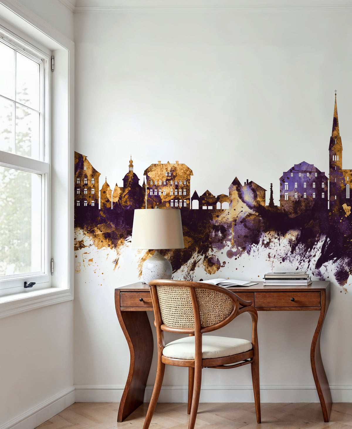 Hallstatt Austria Skyline Purple & Gold Mural Wallpaper - room preview 04
