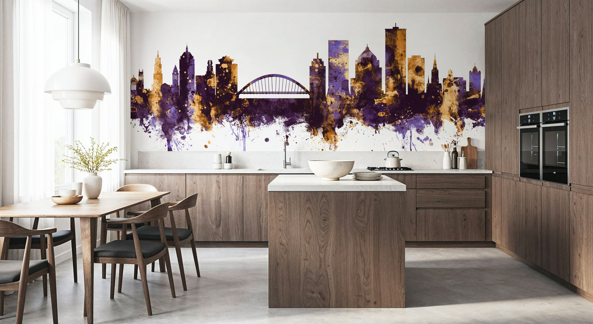 Rochester New York Skyline Purple & Gold Mural Wallpaper - room preview 04