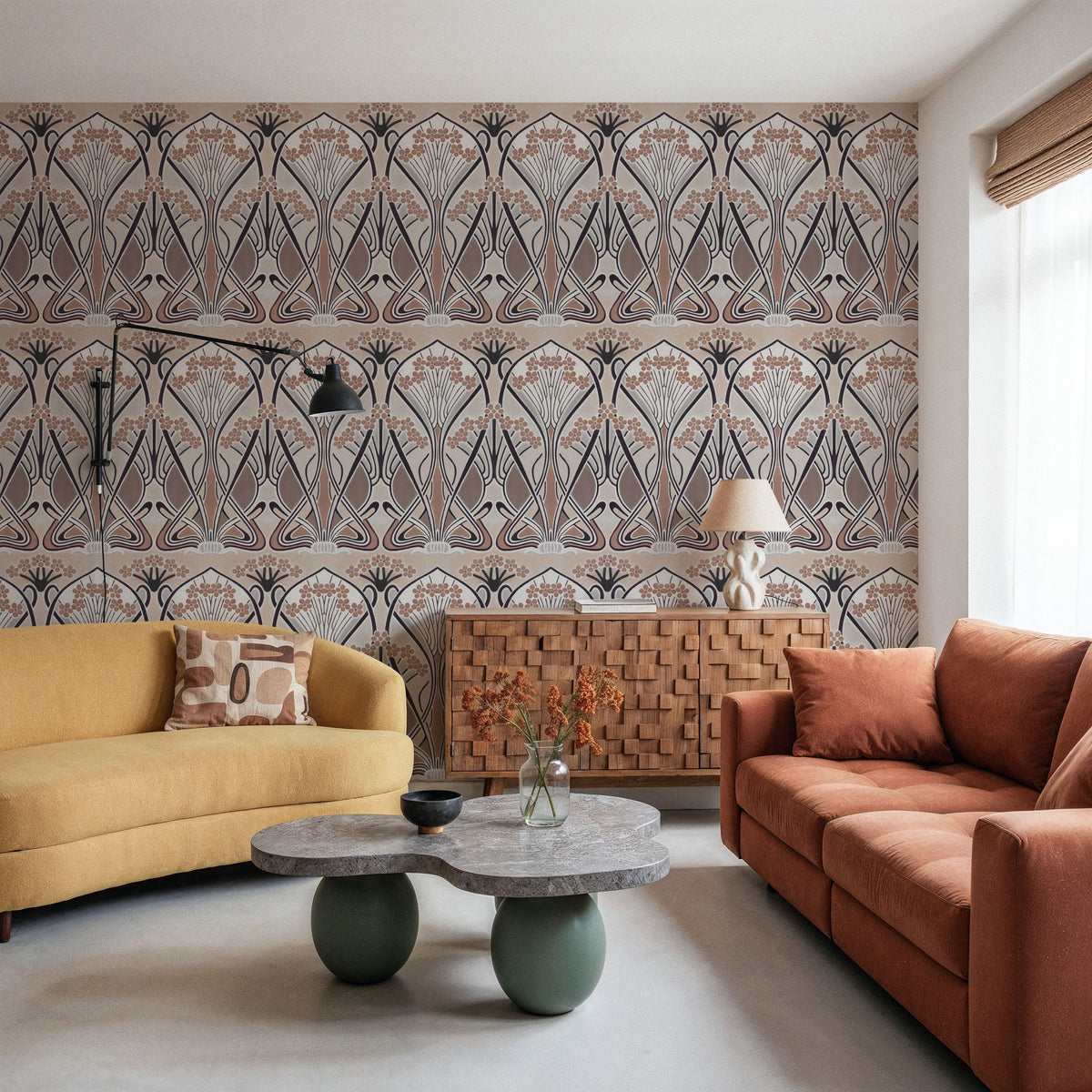 Floral Art Deco Aura, Walnut Dust Mural Wallpaper - room preview 04