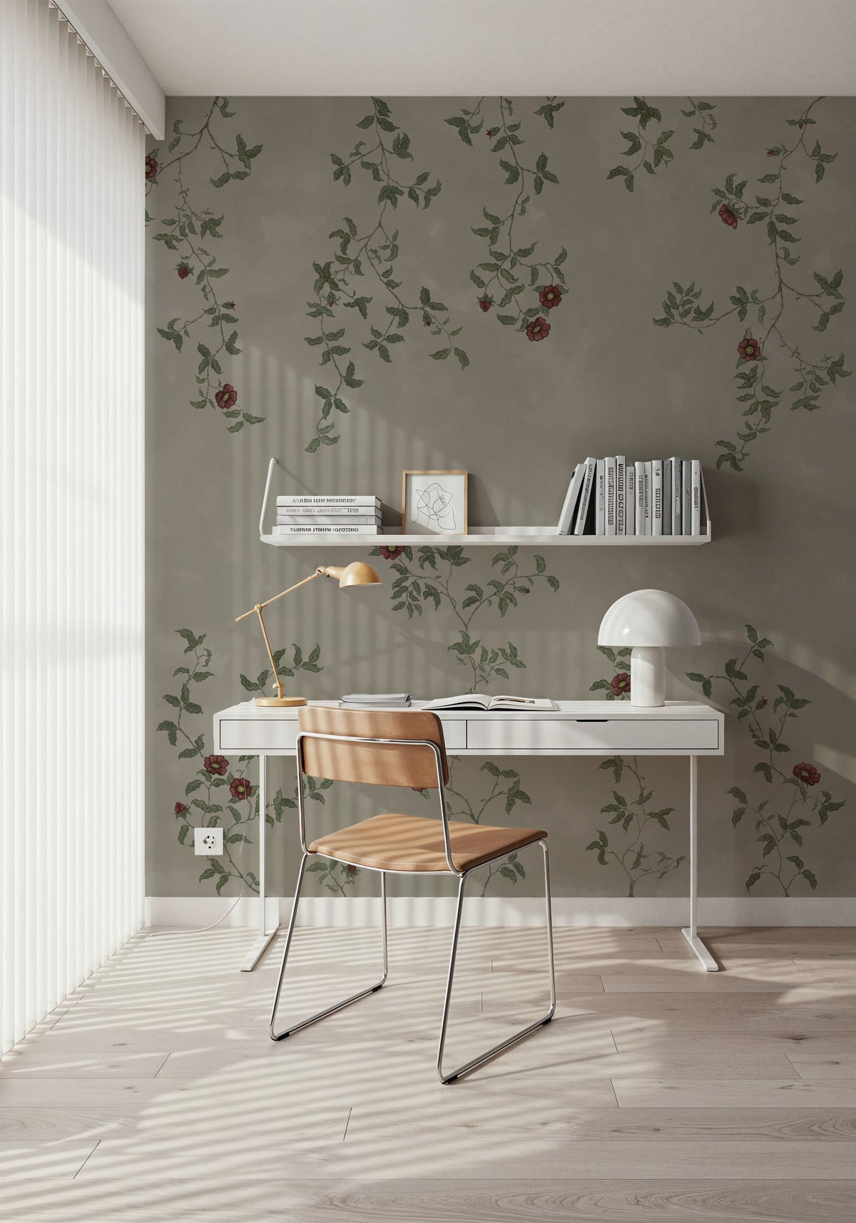 Rambling Rose, Garnet on Greige Mural Wallpaper - room preview 04