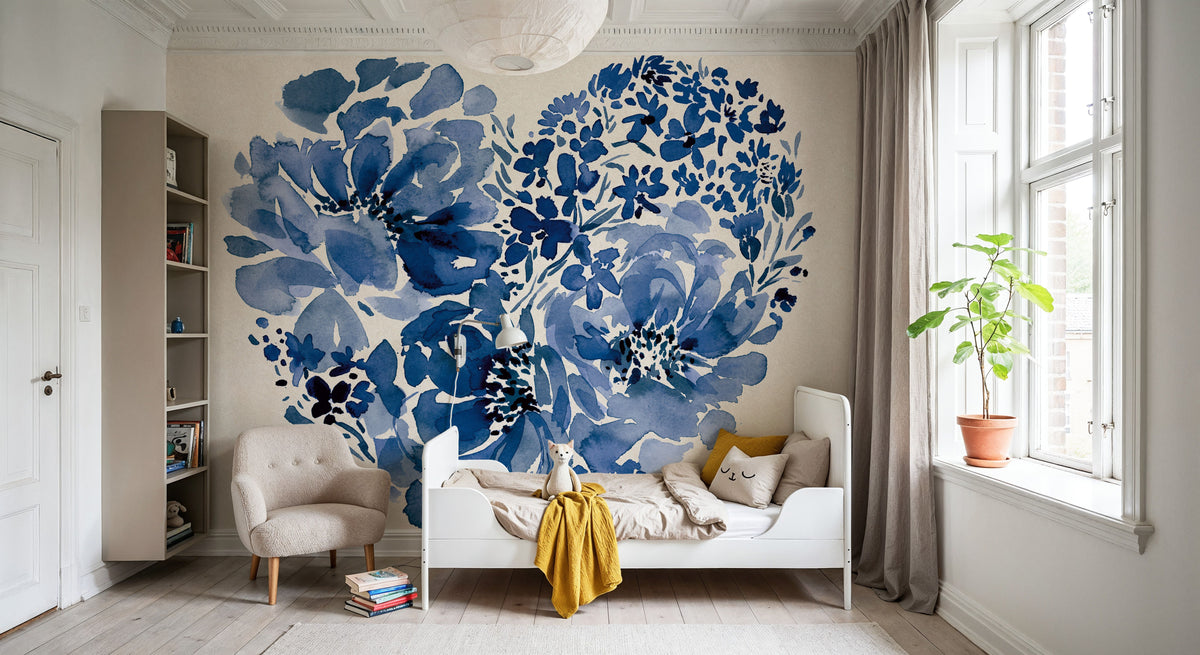 Blue Floral Heart Mural Wallpaper - room preview 04