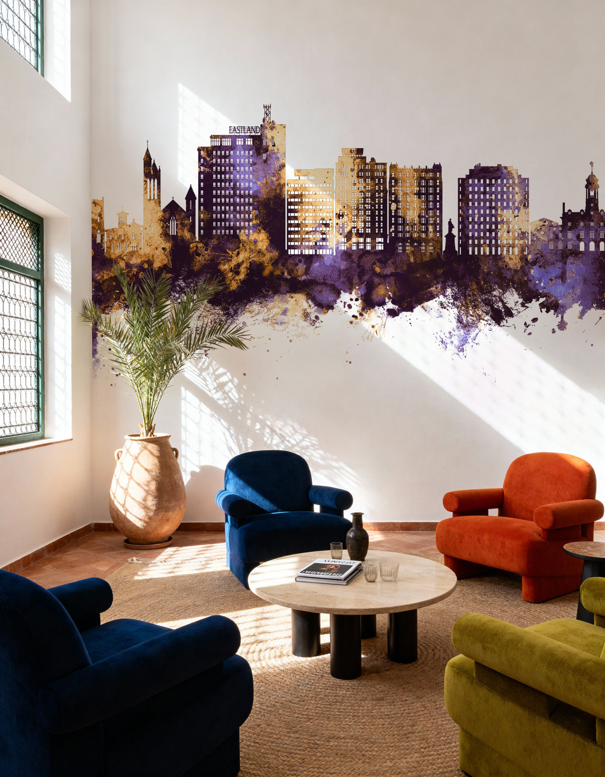 Portland Maine Skyline Purple & Gold Mural Wallpaper - room preview 04