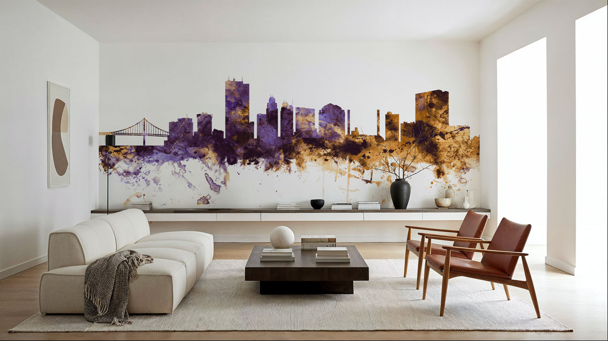 Toledo Ohio Skyline Purple & Gold Mural Wallpaper - room preview 04