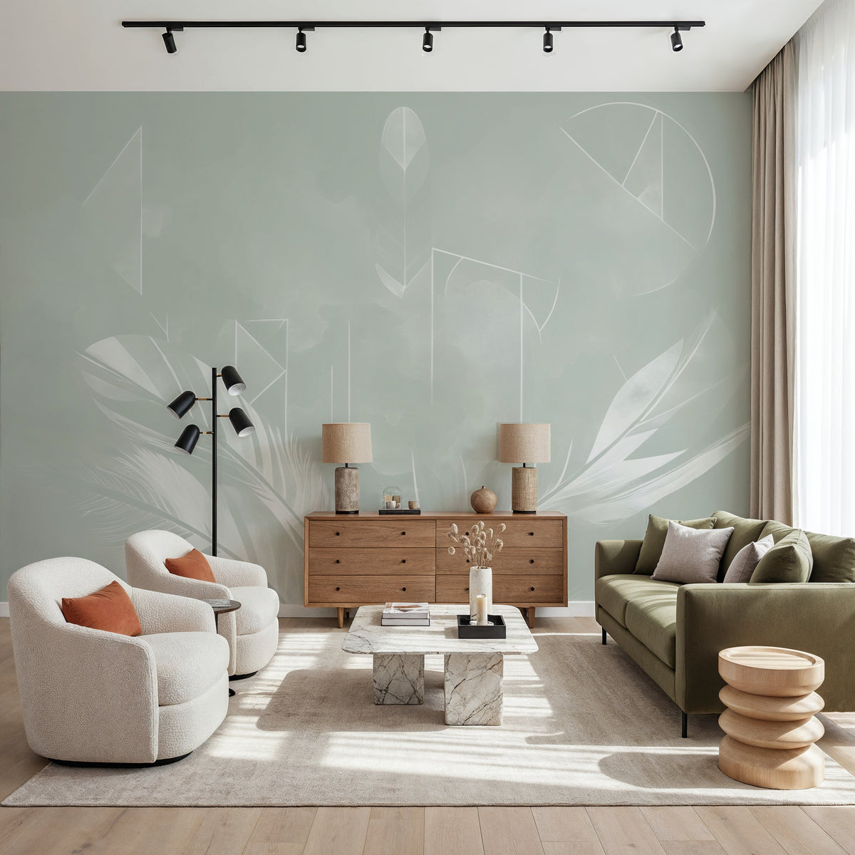Solid Feather Geometry Green Mural Wallpaper - room preview 04