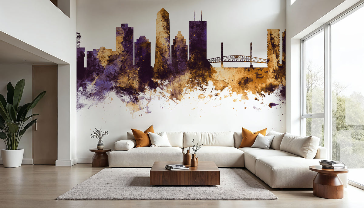 Jacksonville Florida Skyline Purple & Gold Mural Wallpaper - room preview 04
