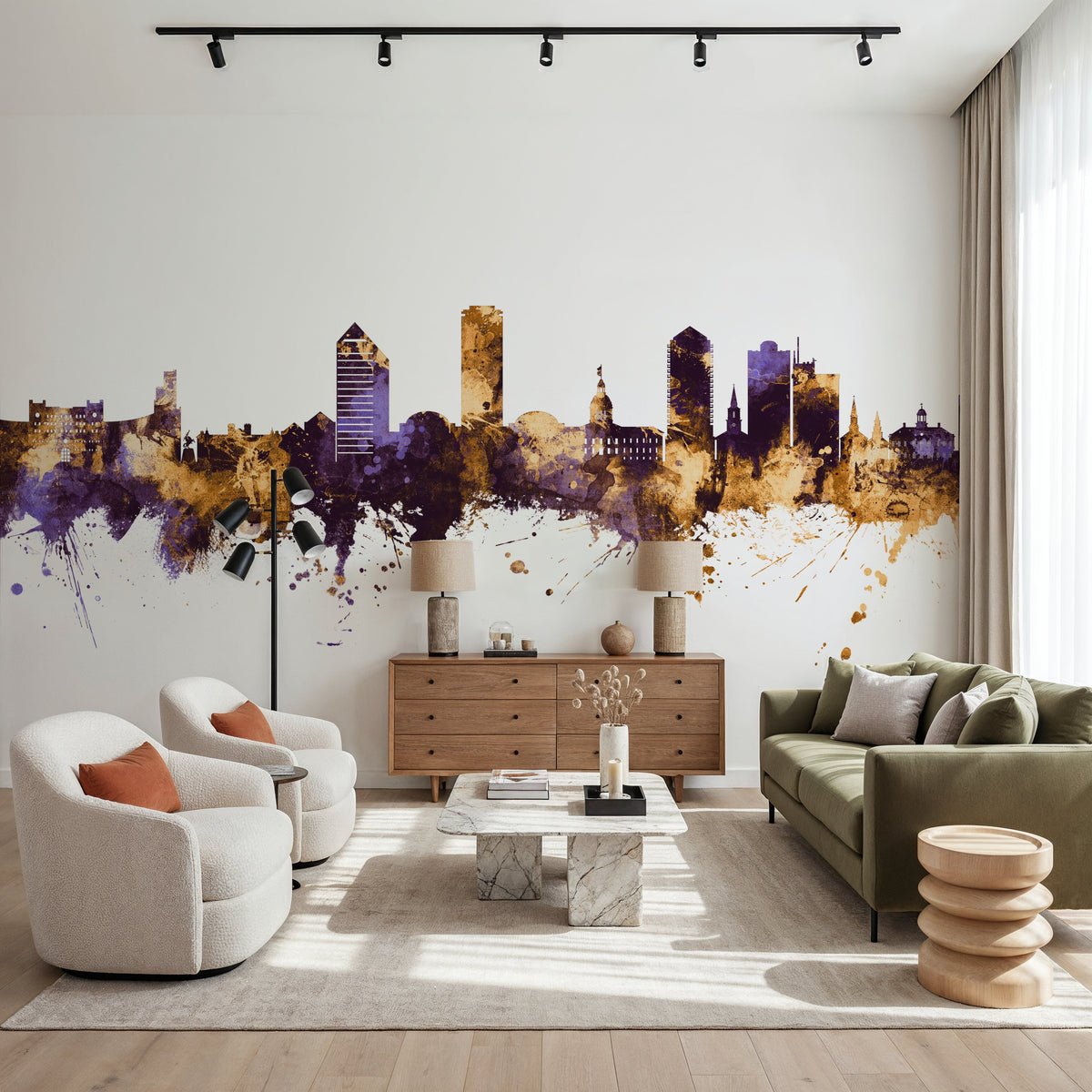 Tallahassee Florida Skyline Purple & Gold Mural Wallpaper - room preview 04