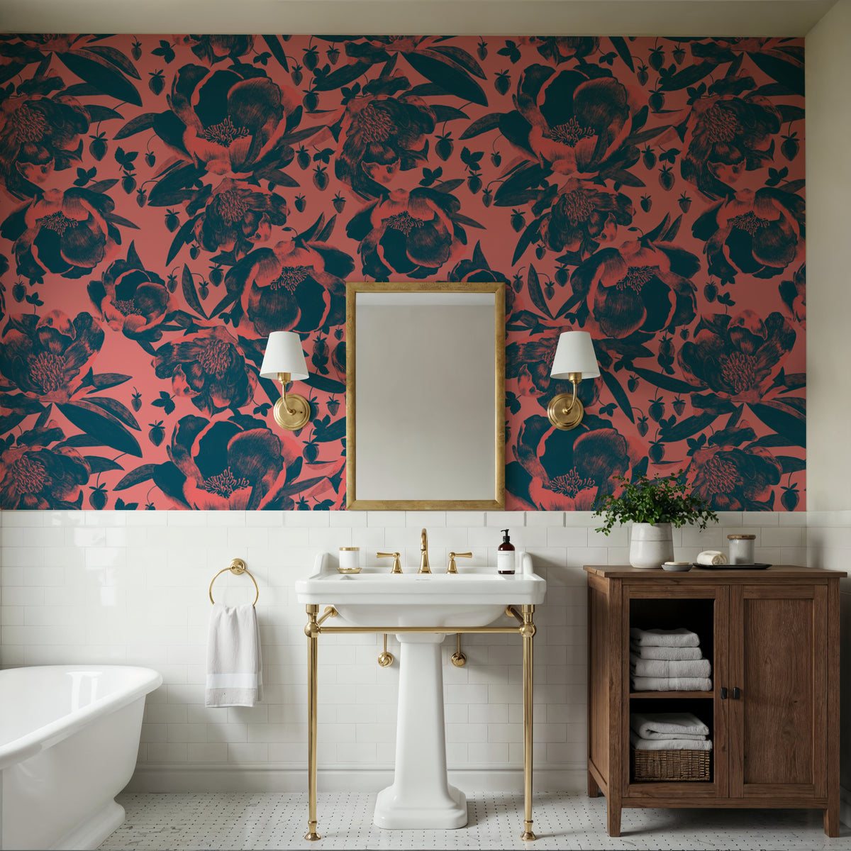 Pop Peonies, Pink & Teal Mural Wallpaper - room preview 04