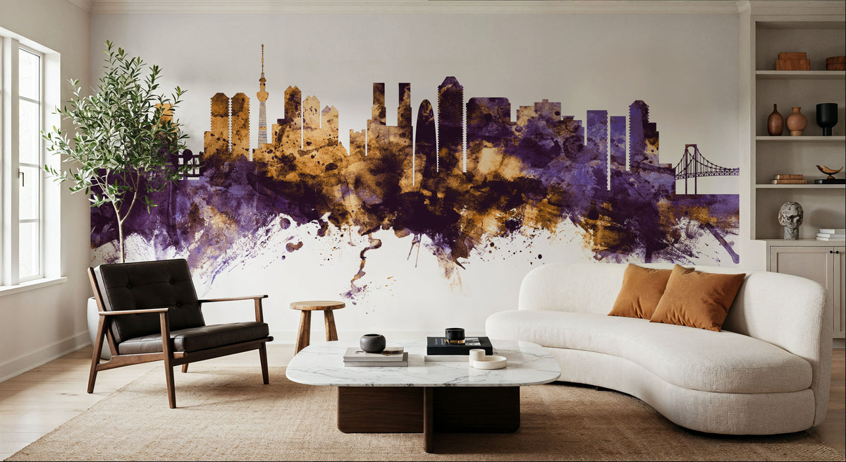 Tokyo Japan Skyline Purple & Gold Mural Wallpaper - room preview 04