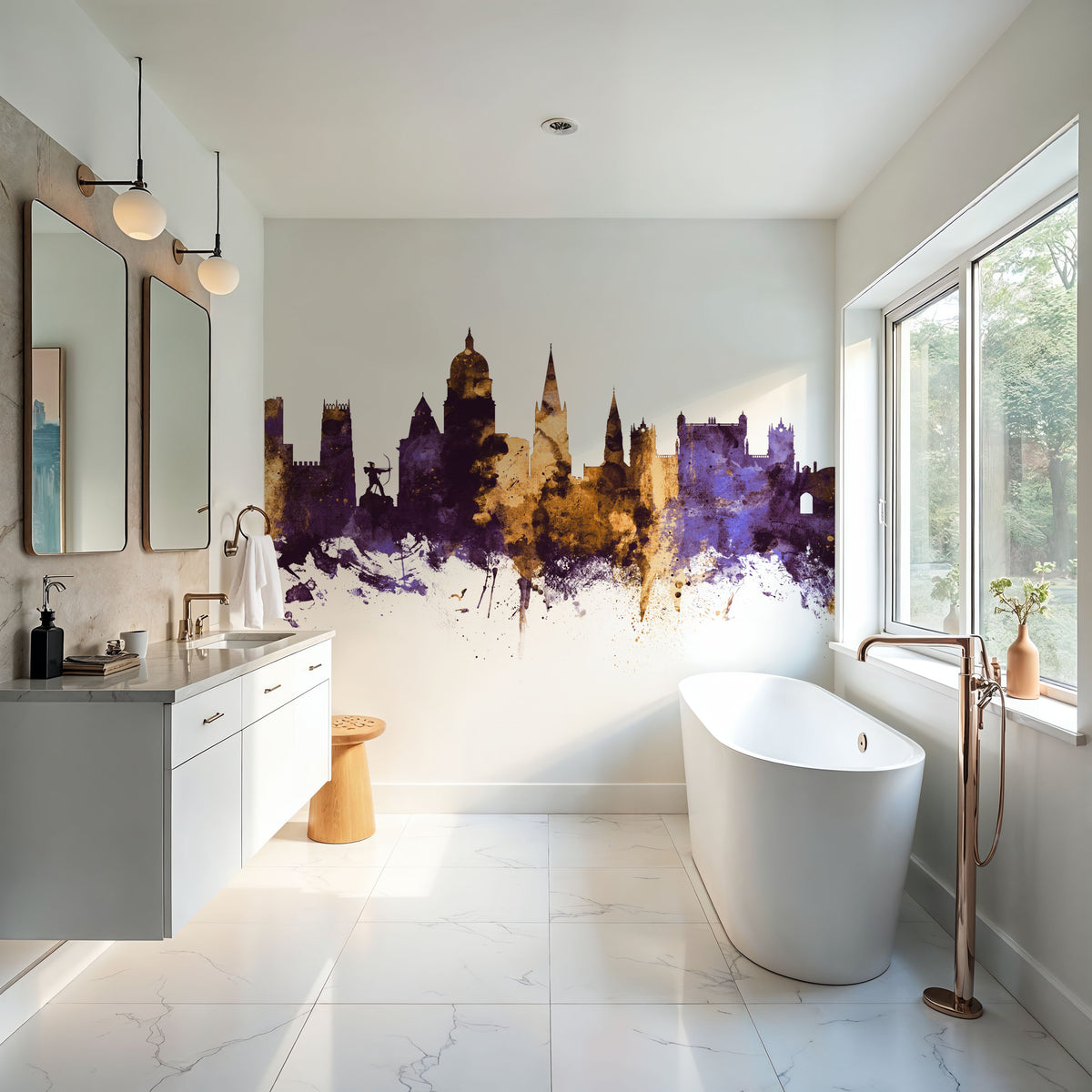 Nottingham England Skyline Purple & Gold Mural Wallpaper - room preview 04